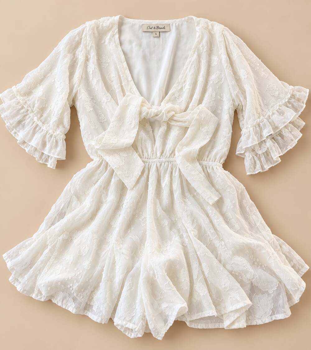 Oak & Trellis White Lace V-Neck Ruffle Sleeve Tie Front Romper Siz S (g1)